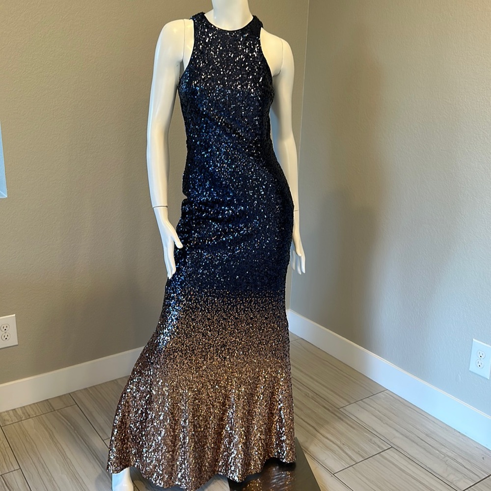 Infinite Dreams Rose Gold and Navy Blue Ombre Sequin Maxi Dress Size Small. us4